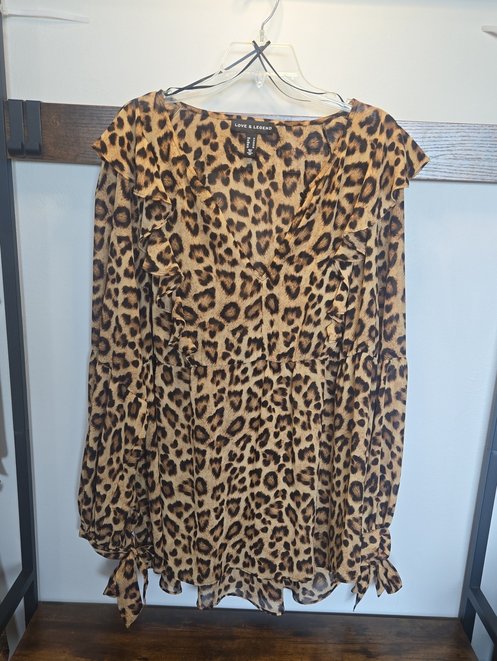 Love & Legend Leopard Print Ruffle V-Neck Blouse in Tan and Black
